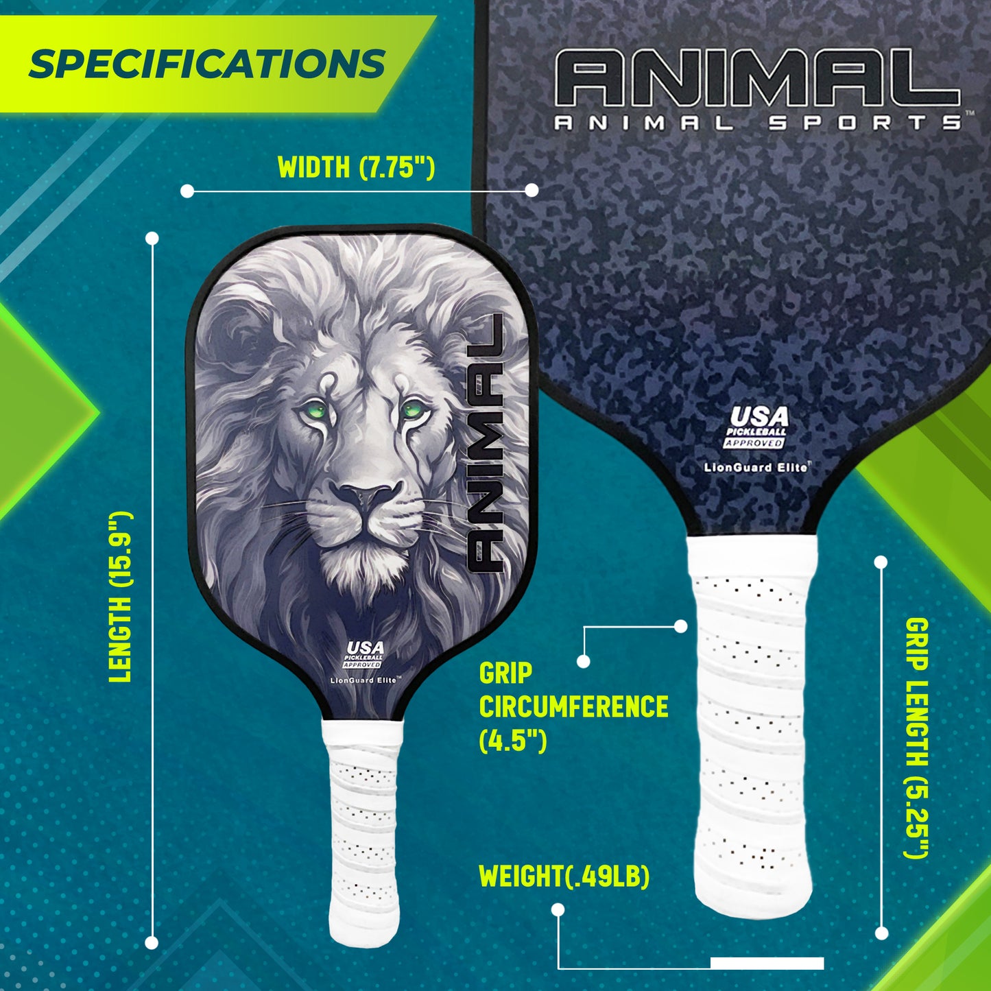 Animal Sports Pickleball Paddle, Carbon Fiber with Honeycomb Core, USAPA Approved, LionGuard Elite Paddle