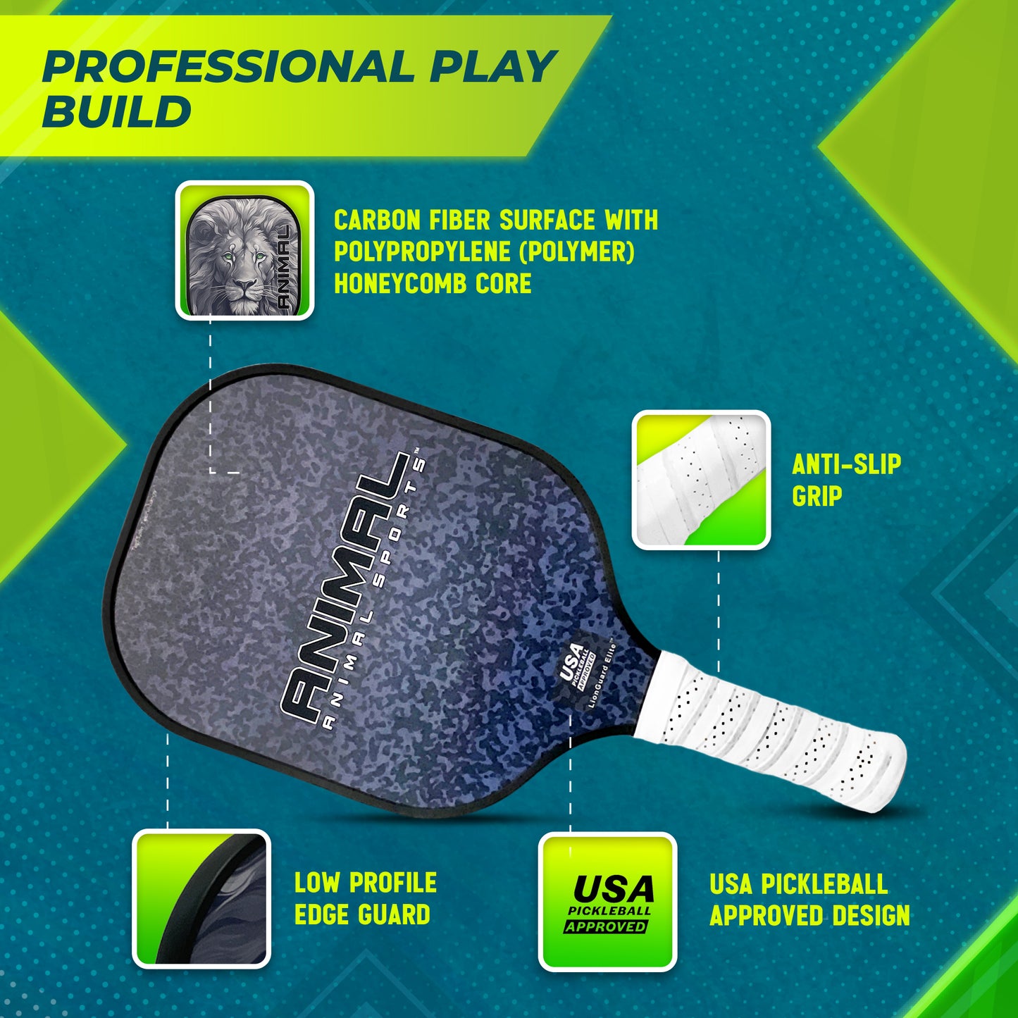 Animal Sports LionGuard Elite Pickleball Paddle | Professional High-Performance Pickleball Paddle | USAPA Approved– Carbon Fiber & Polymer Honeycomb Core Paddle Set with Carrying Case, 4 One-Piece Balls