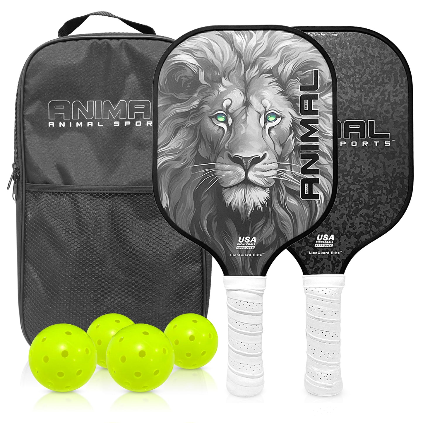 Animal Sports LionGuard Elite Pickleball Paddle | Professional High-Performance Pickleball Paddle | USAPA Approved– Carbon Fiber & Polymer Honeycomb Core Paddle Set with Carrying Case, 4 One-Piece Balls